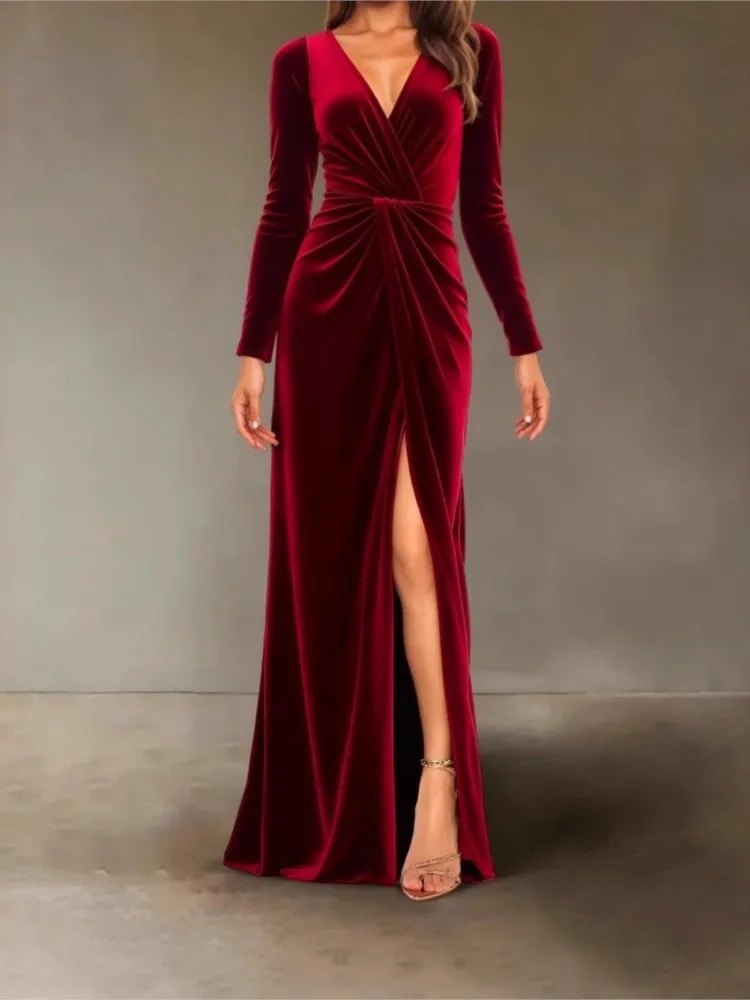 

Women's Temperament Commuting Casual Dress Spring And Autumn Elegant Style V-neck Pleated Hip Split Long-sleeved Evening Dresses