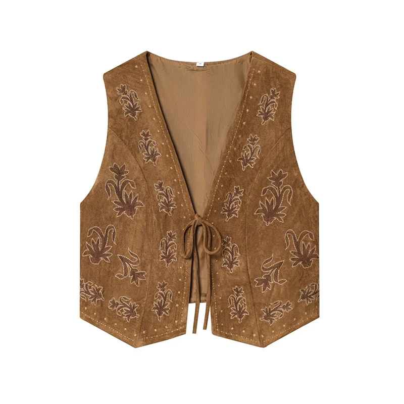 

YENKYE Embroidery Faux Suede Vest For Women V Neck Sleeveless Front Lace Up Vintage Crop Top