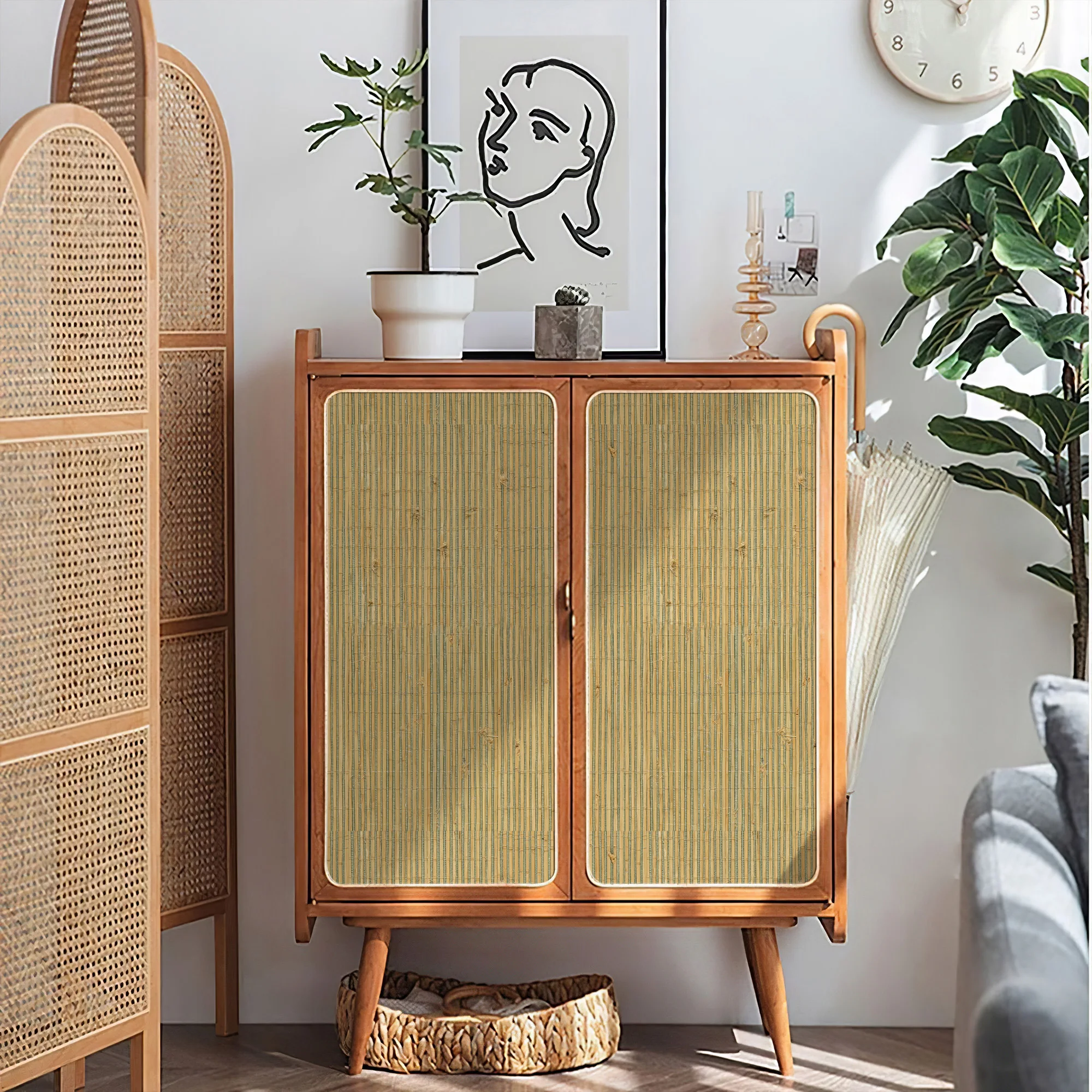 Yellow Bamboo Weaving Peel and Stick Wallpaper Chic Waterproof PVC Texture Striped Rattan Weaving Self Adhesive Wall Stickers