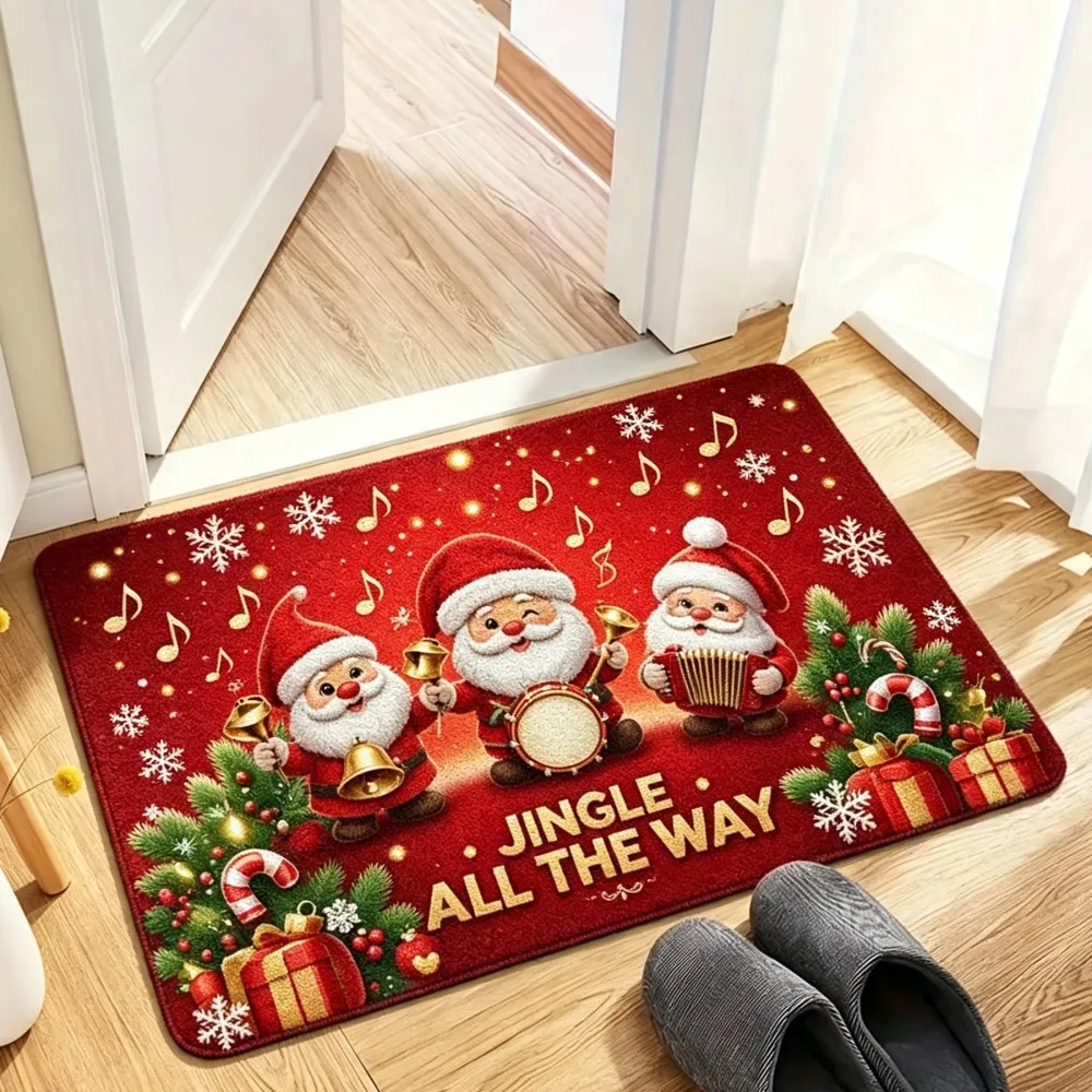 Three Santa Claus Christmas Mat Red Background Bell Garland Snowflake Print Non Slip Indoor Entrance Rug For Festive Home Decor