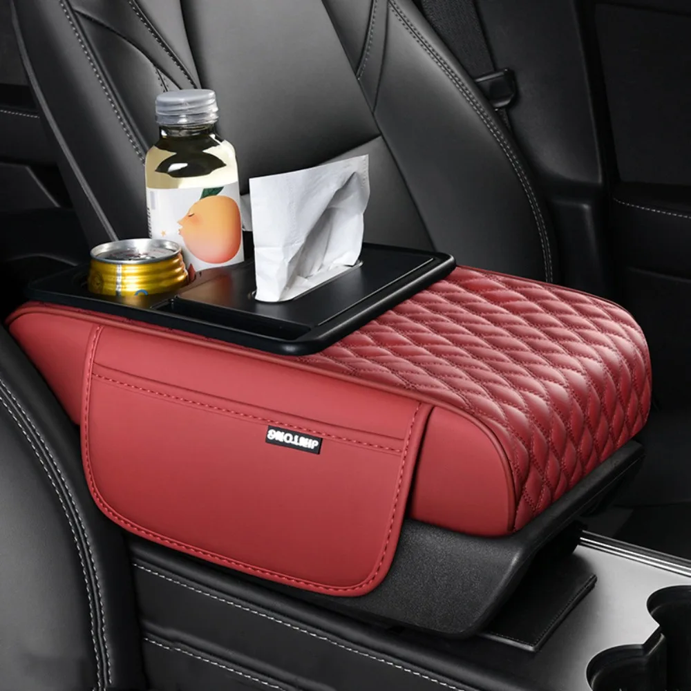 

Portable Center Console Armrest Cushion PU Leather Multifunctional Car Armrest Pillow with Cup Holder Tissue Box