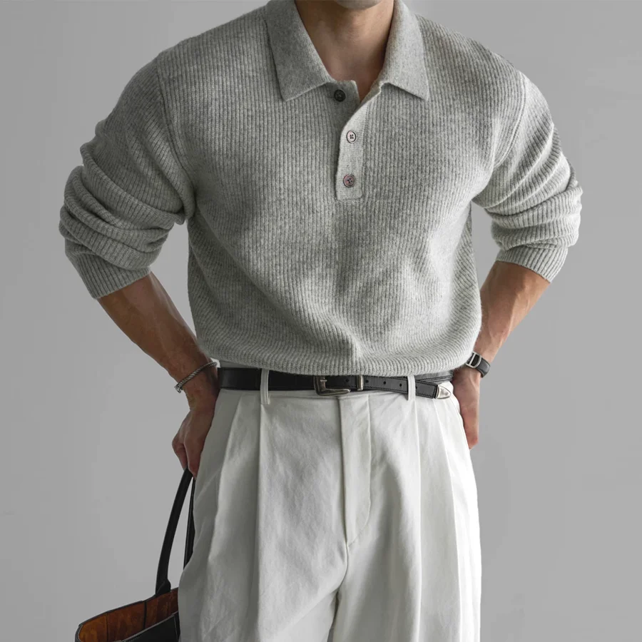 Polo collar knitted sweatshirt gray