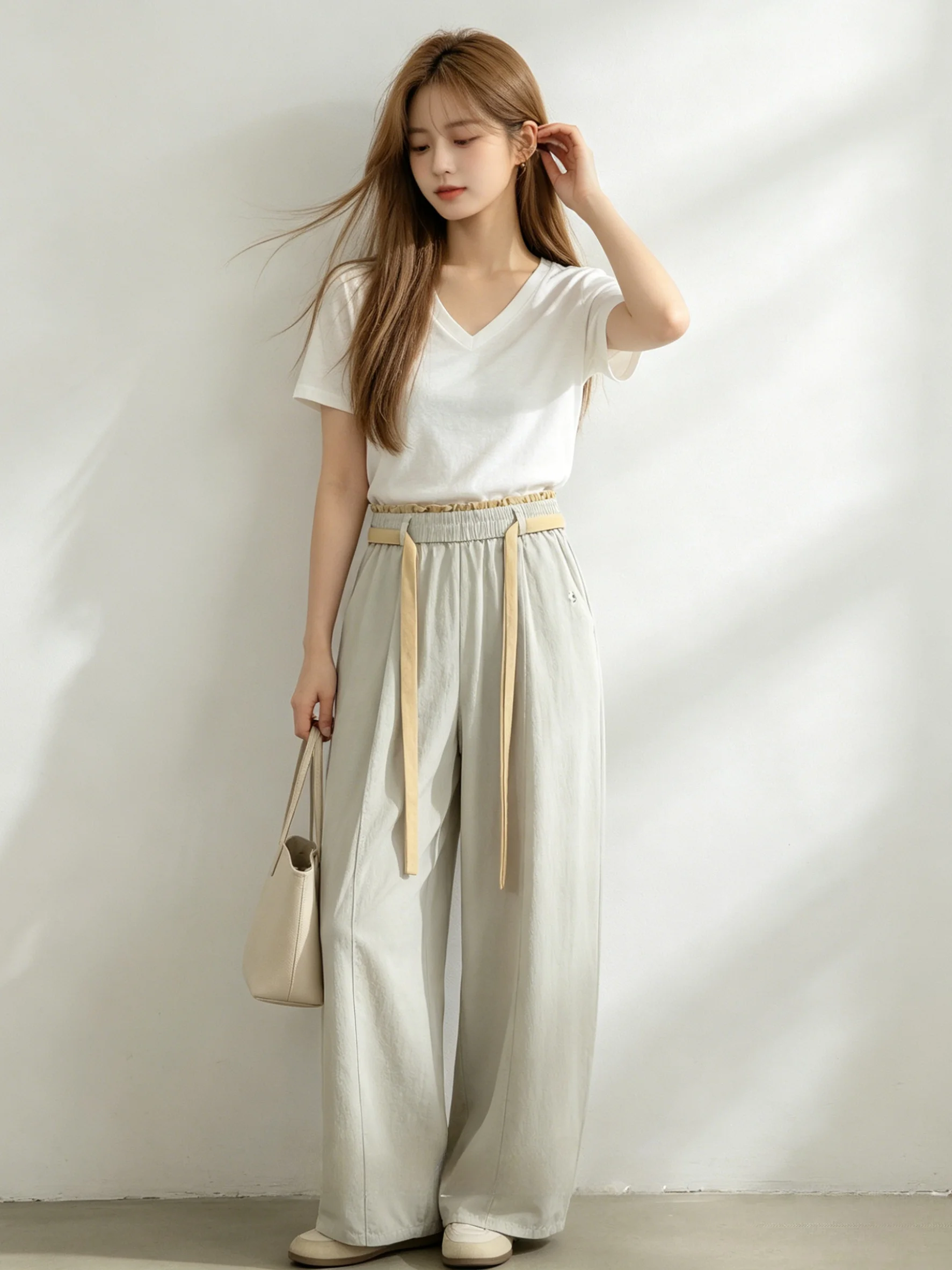 

High Waist Elastic Waist Wide Leg Pants Women's Summer Skin-friendly Lazy Style Slimming Casual Long Trousers New Model