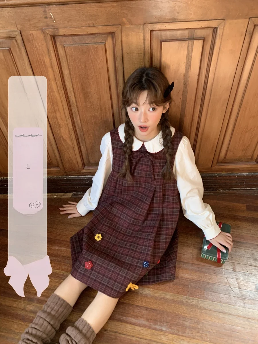 

Early Autumn Red Plaid Vest Dr Jiang Jam Hooked Flower Sweet Sle Soft Polyester A-Line Dr with Zipper