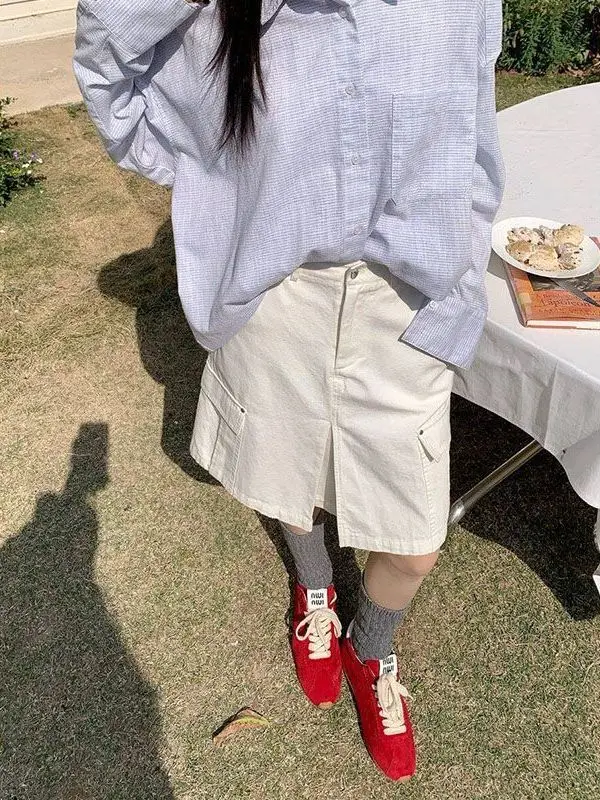 High Waist A-Line  Skirt for Women Casual Workwear Style Multi Pockets Khaki Color Spring Summer New Arrival Slimming Ver...