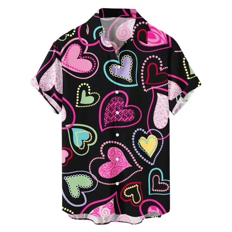 Hart Liefde Print Heren Shirt Zomer Nieuwe Mode Korte Mouw Blouse Knop Valentijnsdag Kleding Party Sociale Jurk Tops