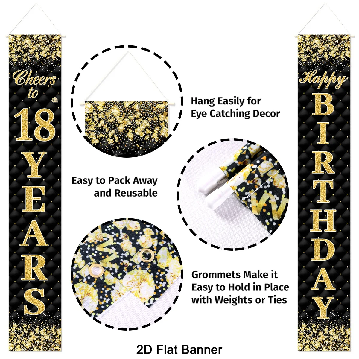 1 Paar 18./30./40./50./60. Geburtstag Türbanner Schwarz-Gold Glitzer-Design Polyester Türbanner für Erwachsene Geburtstagsfeier-Dekoration – Detail 1