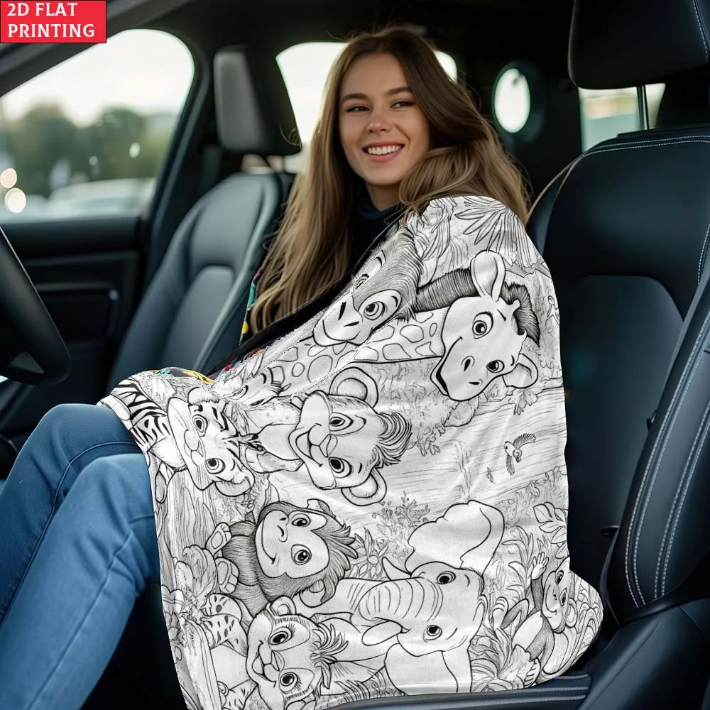 Cute Jungle Animal Coloring Book Style Throw Blanket Decorative Artistic Blanket for Kids Room Decor