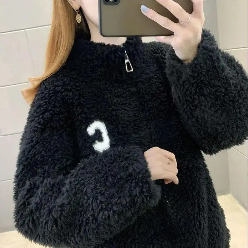 Winter Lamb Fleece Women\'s Coat Hoodie Fashion C Letter Harajuku Loose Plush Thickened Warm Zipper Sweatshirt Tops