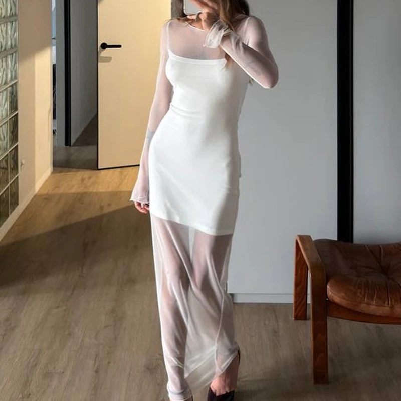 

Модное двухслойное облегающее платье с элегантными прозрачными сетчатыми вставками, вечернее платье для банкета, женское сексуальное платье с круглым вырезом, длинными рукавами, однотонное, обтягивающее.