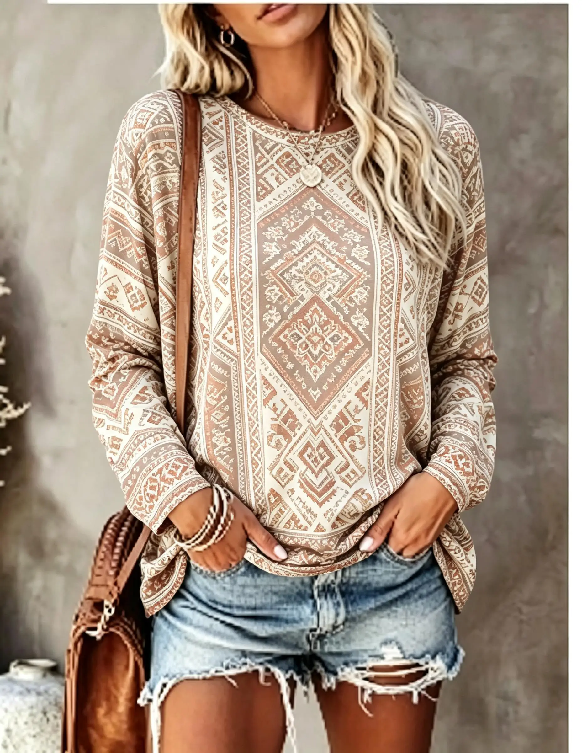 Women Crew Neck Long Sleeve Tunic Dress Vintage Faux Boho Aztec Geometric Tribal Flat Print Oversized Loose Mini