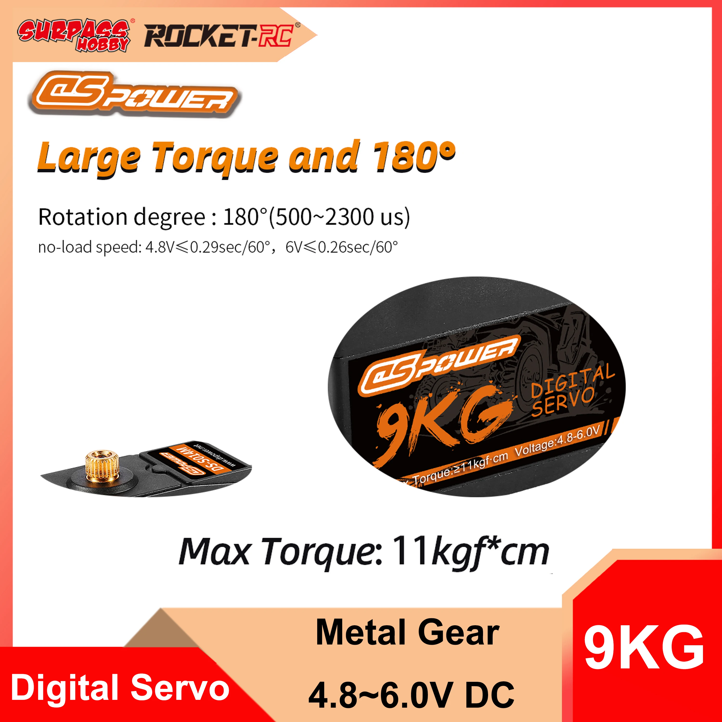 DSpower 9KG Digital Servo Metal Gear Waterproof High Torque for 1/8 1/10 RC Crawler Car Truck Boat Robot Arm Accessories Wltoys
