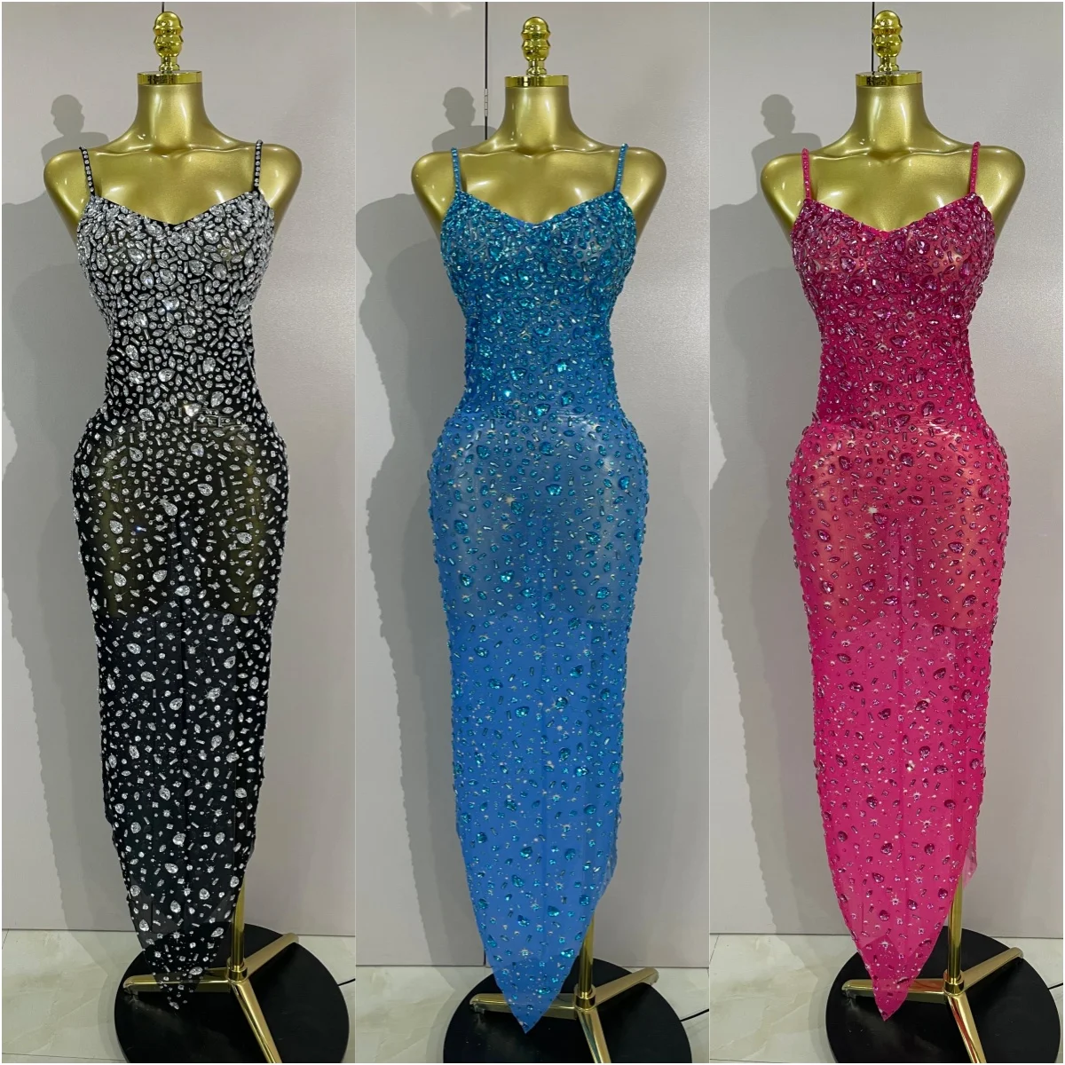 Robe longue en maille transparente et extensible pour femmes, diamants scintillants, soirée, luxe, fête d'anniversaire, discothèque, Costume de scène Sexy, 2025