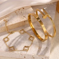 Stainless Steel Gold Plated Four-Leaf Flower Nails Stacked Bracelet Bangles Shiny Zircon Couple Jewelry Gift - Image 4