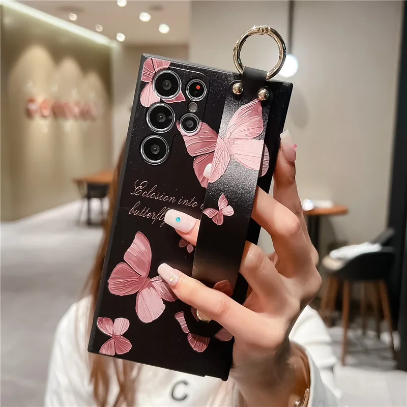 for Xiaomi Mi 13 12 11 Lite 10 9 11T 12T Poco X5 Pro X3 M3 M5 F3 Case Luxury Emboss Butterfly Flower Wristband Phone Holder Case