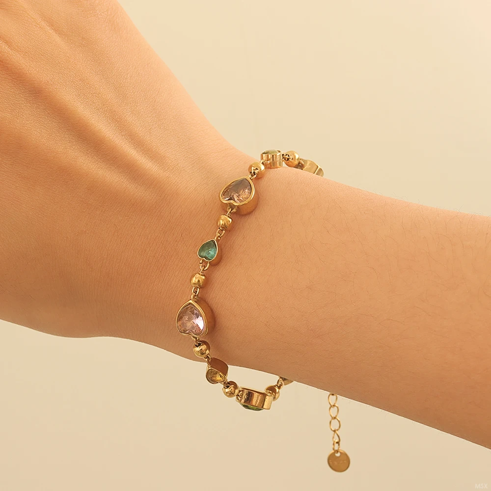 Exquisites Regenbogen-Herz-Kristallarmband für Damen, Edelstahl PVD 18K vergoldet, lichtbeständig, beliebtes Schmuckzubehör – Detail 11