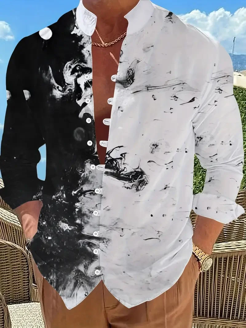 Men Linen Shirts New Print Button Shirt Fashion Stand Up Collar Loose Men's Shirts Streetwear Casual Beach