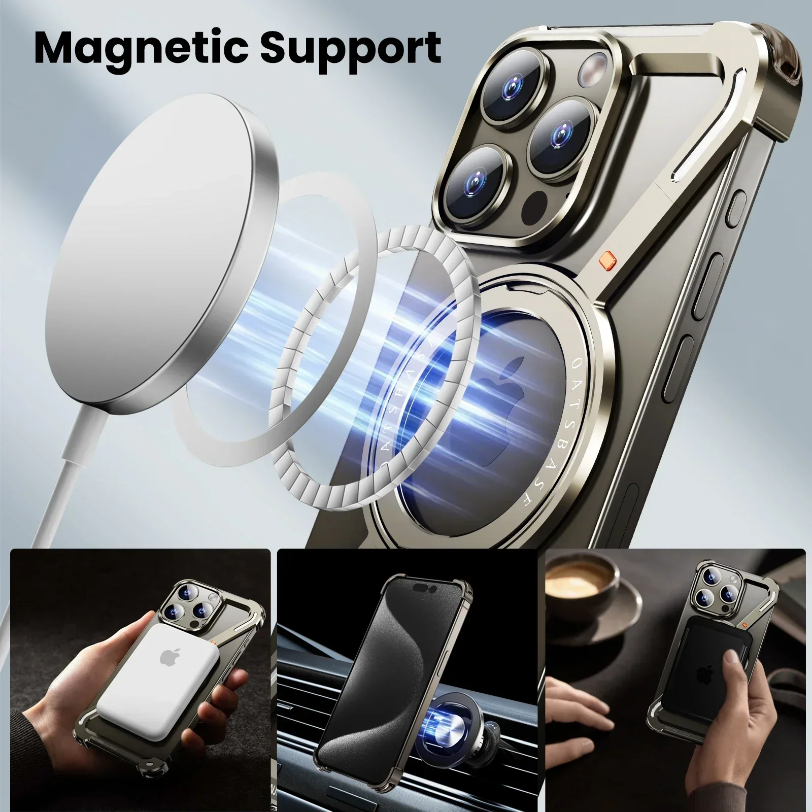 Oatsbasf Metal Magsafe Case for iPhone 13/14/15/16 Pro Max Bazel-Less Phone Cover Magnetic Bumper w/ 360° Rotatable Ring Holder