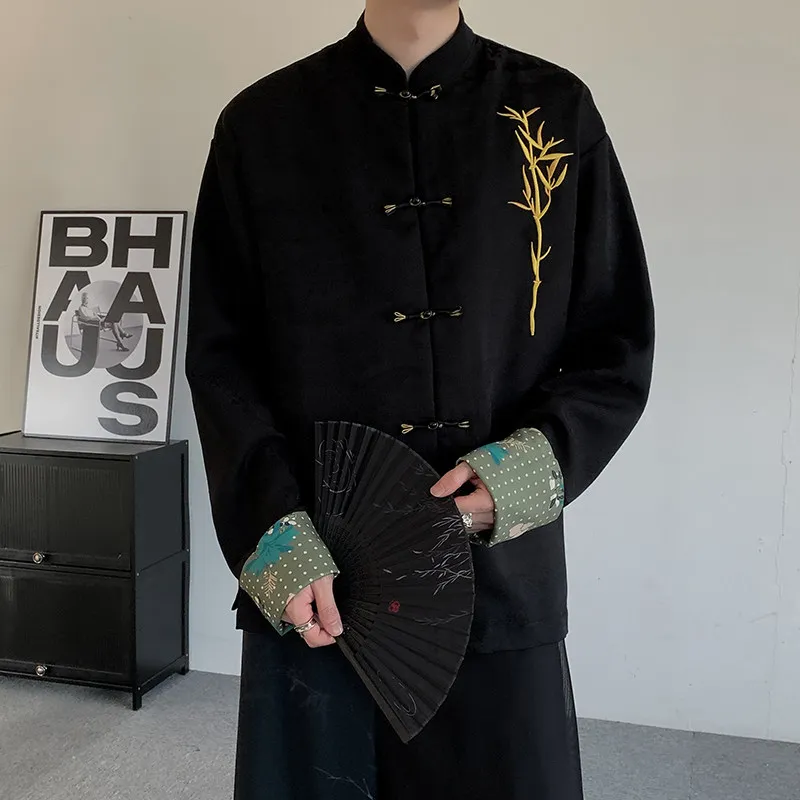 

Новая осенняя мужская одежда больших размеров в китайском стиле: длинная рубашка с вышивкой бамбуком, повседневный ханьфу, традиционная одежда из полиэфирного волокна