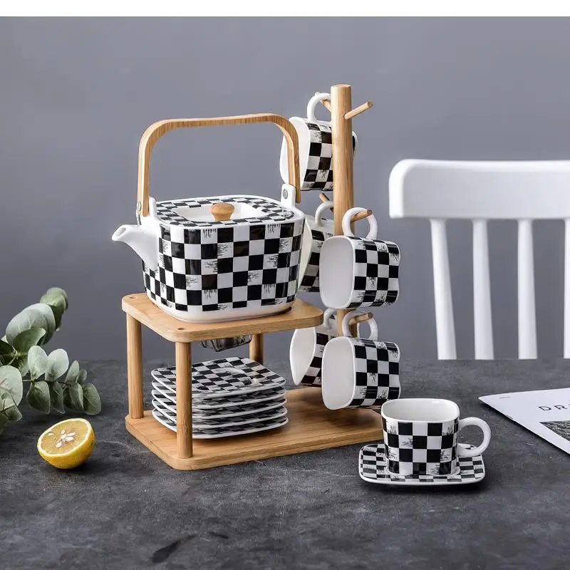 

Tea Pot and Cup Set Ceramic Coffee Black White Grid Filter Teapot Home Afternoon with Wooden Shelf