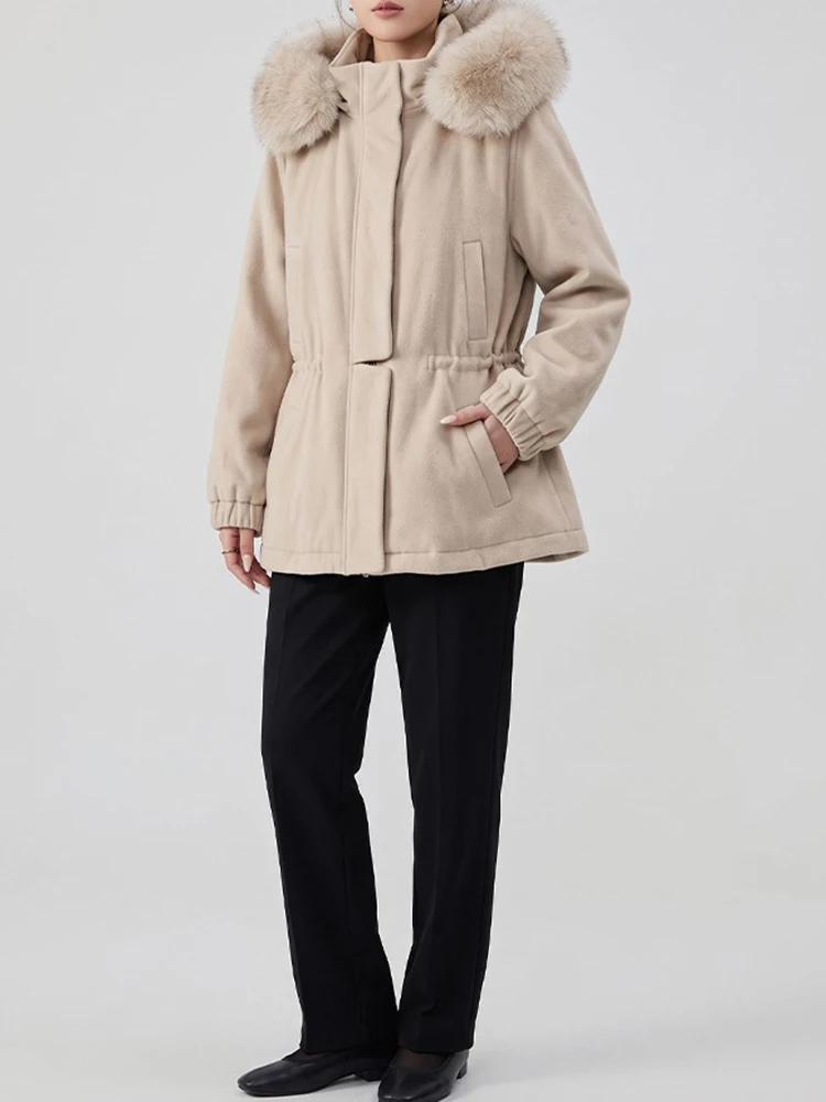 Women's hooded long fur-lined coat with drawstring waist and short style for winter and autumn, 2026 new design
