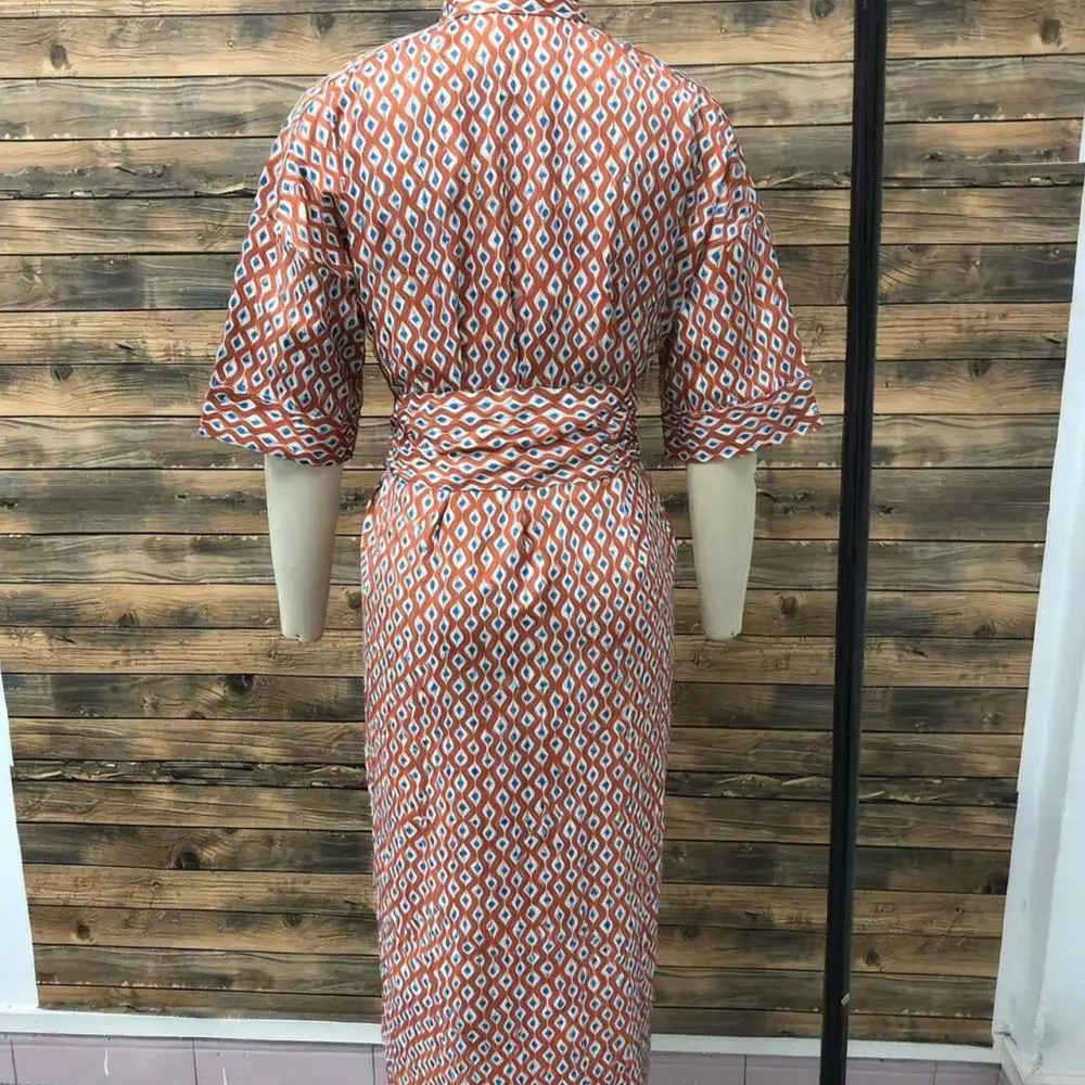 Casual Women Summer Striped Shirt Dress Retro Lapel Collar Five Sleeve Loose Fit Button Up Midi Dresses For Daily