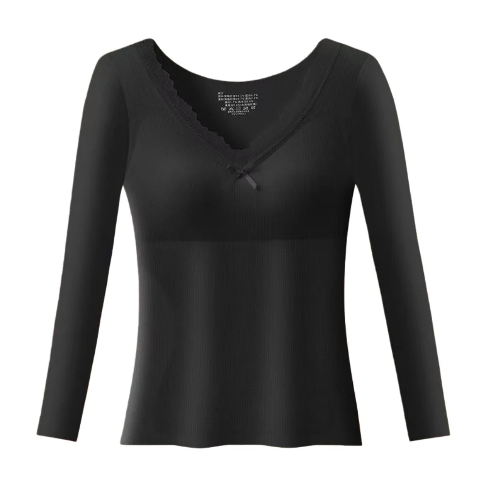 Keep Warm Lace Women Wool Thermal Clothes Invisible Wool Fleece Thermal Underwear V Neck Feel Heating Warmth Long Tops Lady