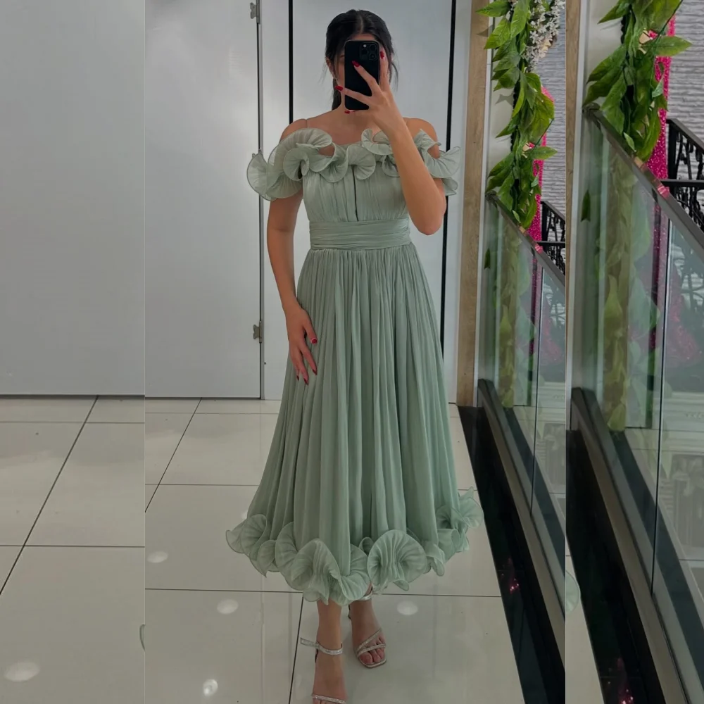 

Customized Chinese Style Chiffon Flower Pleat A-line Off-the-shoulder Midi Dresses Bespoke Occasion Matching