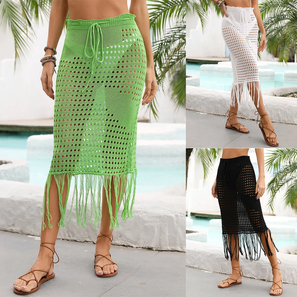 

2026 summer outfit new hollowed out beach shirt bikini fringe seaside cover shirt half skirt knitted skirt for women