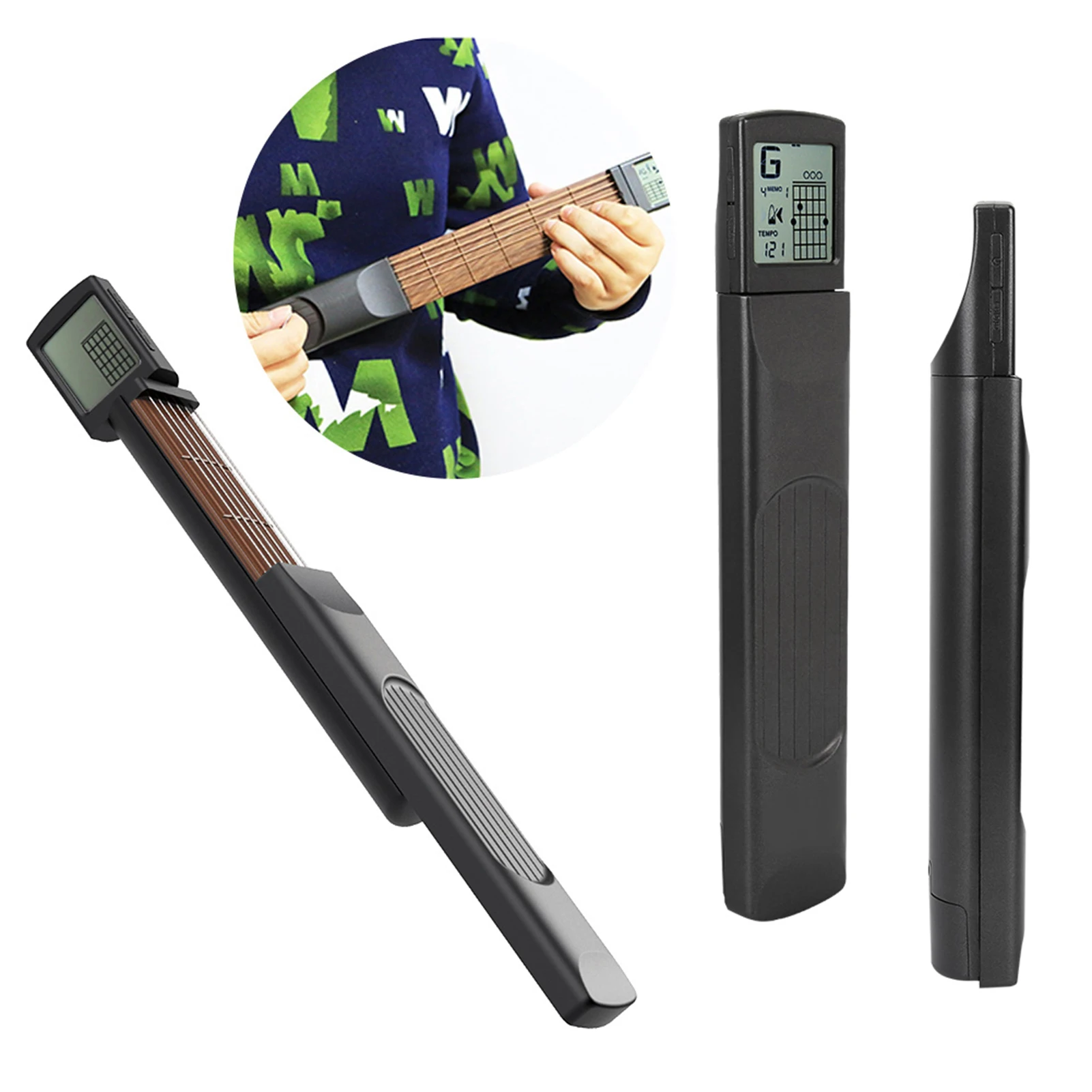 Gitarren-Akkord-Trainer, Mini-Übungsgerät für 6-Bund-Gitarre, Akkord-Trainer mit drehbarem Diagramm-Bildschirm, Akkord-Trainer