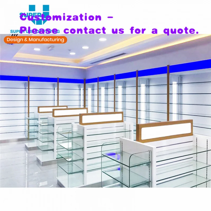 custom.Retail Pharmacy Shop New Interior Design Glass Shelf Stand Gondola Custom Pharmacy Shelves Store Fixtures