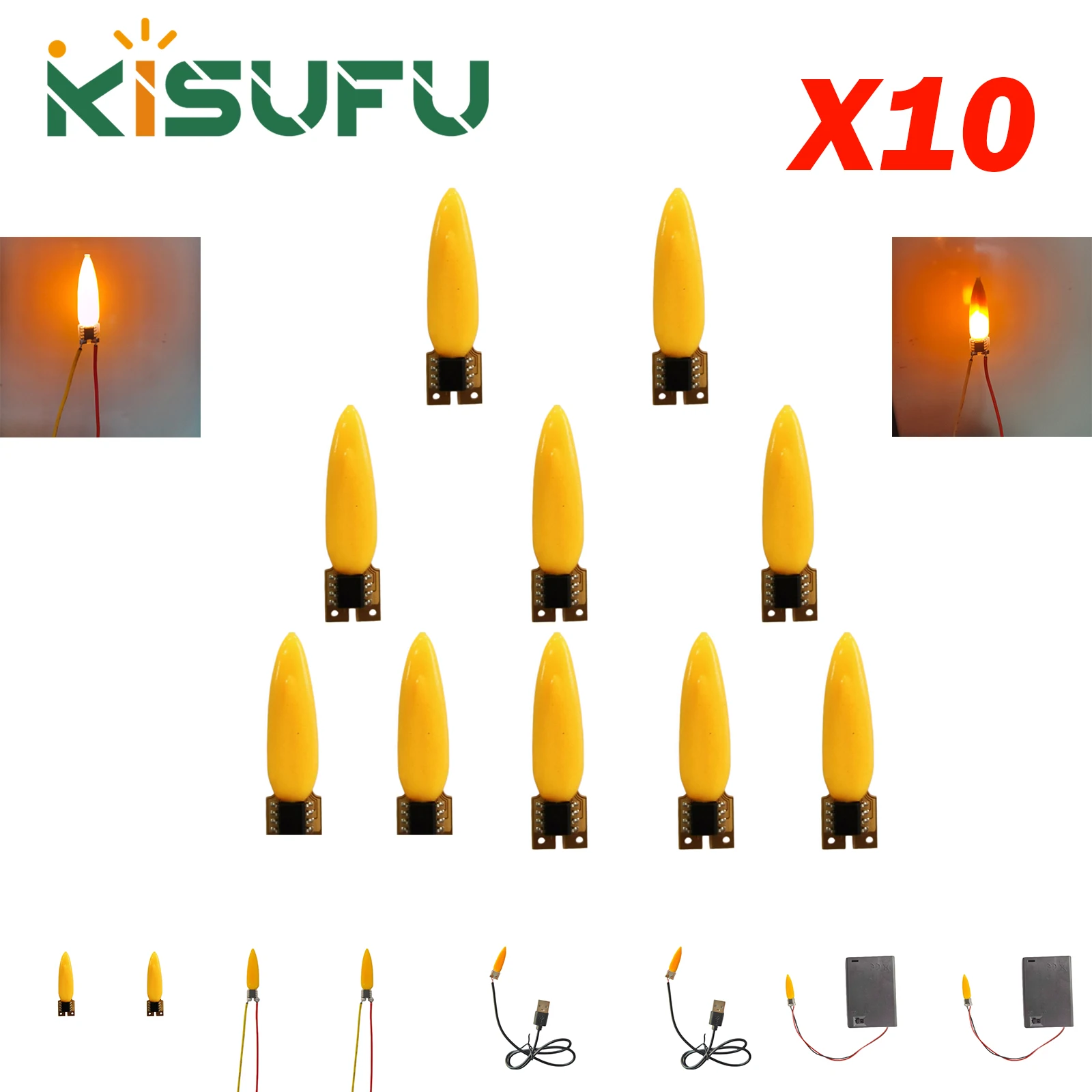 

10/5/2Pcs 3V Fire Flame LED Wick for Bulb Candles Party DIY Decor 2200K 2 Modes Flame LED Filament With 2Pin/USB/3AA Battery Box