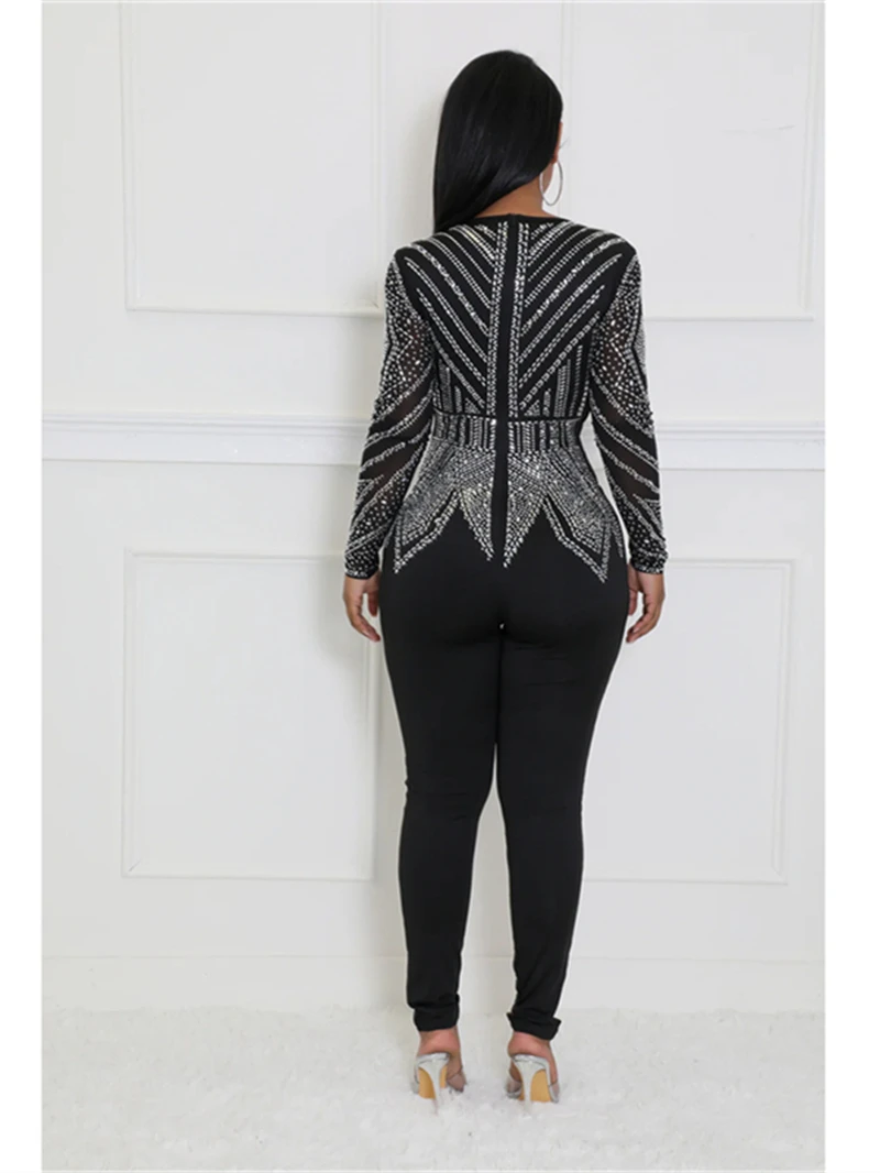 Fashion Sparkle Rhinestones Jumpsuits Autumn Clothing Women 2026 Long Sleeve V-Neck Rompers Playsuits One Pieces Overalls Outfit