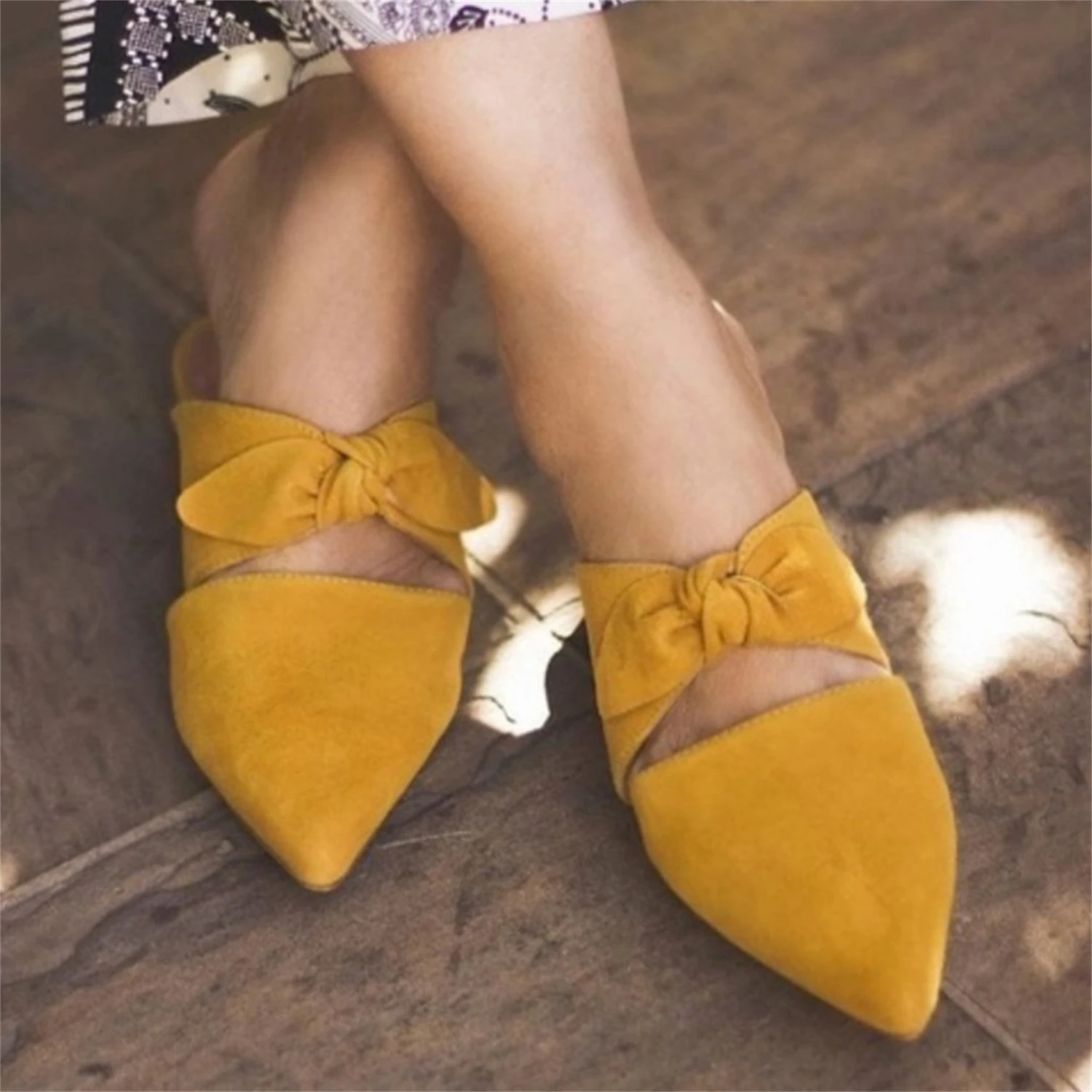 

Pointed Toe Slip On Block Heel Bow Knot Mule Flats Faux Suede Slipper Slingback Elegant Sandals Woman Shoes