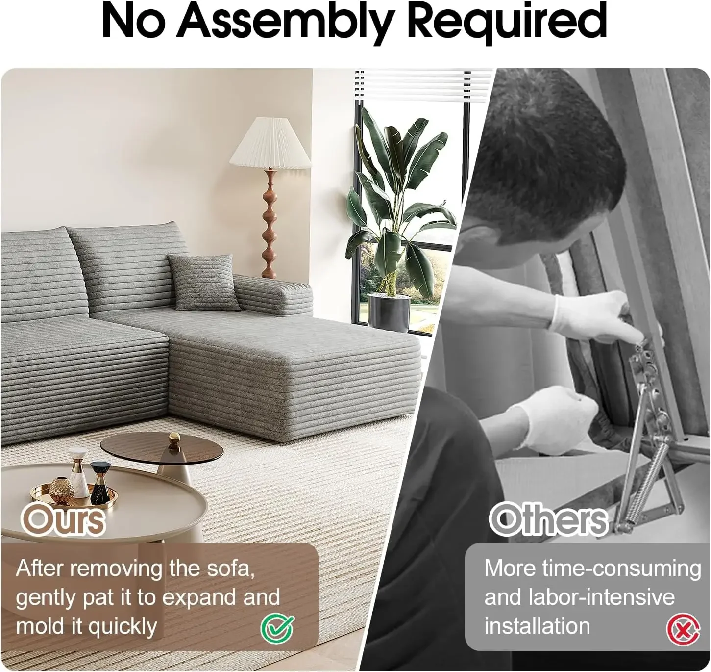 Sofá seccional moderno en forma de L de pana deshuesada con asiento profundo y chaise - No necesita montaje, comodidad en la nube, diseño modular