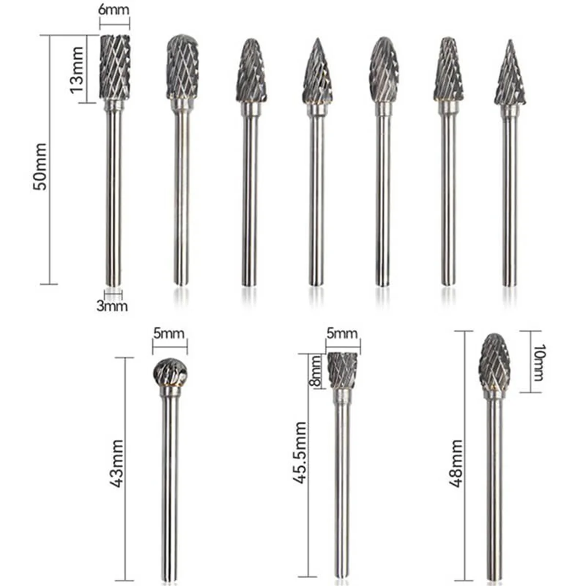 SSR 10개입 3mm 샹크 텅스텐 스틸 밀링 커터 다이아몬드 컷 로터리 툴 전동 그라인딩 로터리 툴