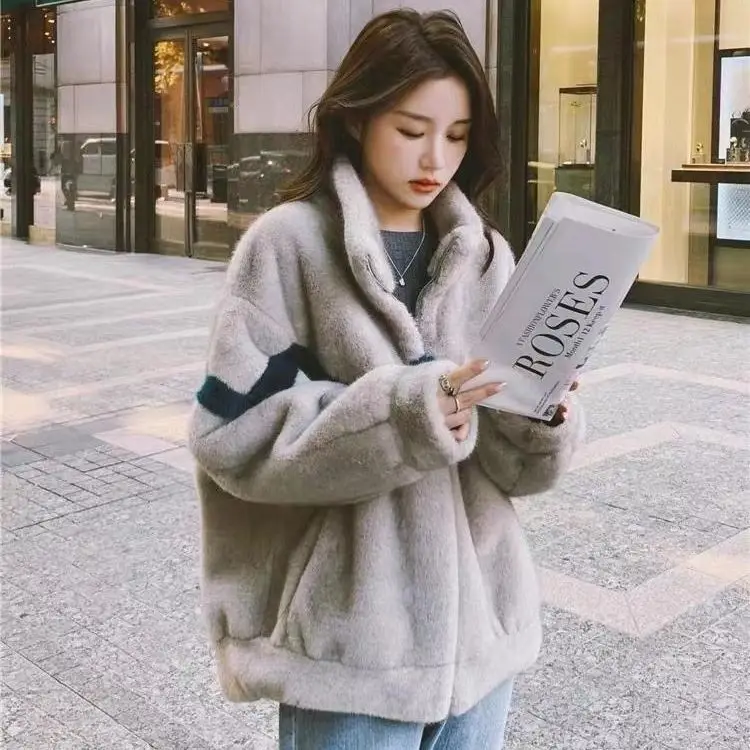 Mink Velvet Short Thickened Coat Loose Patchwork Women Winter Warm Brown With Zipper And Fashion All-Match Woolen Blend Coat