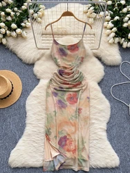 Foamlina Mesh Long Dress Women Elegant Spaghetti Strap Floral Print Sleeveless Slim Ruched Side Split Lined Beach Holiday Dress