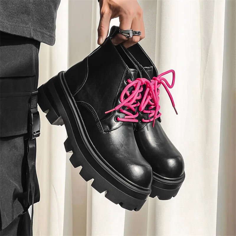 men casual stage nightclub platform boots lace-up natural leather shoes cowboy spring autumn boot black trendy cool ankle botas - view 3