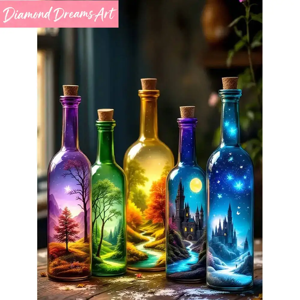 5D DIY Diamant-Stickerei Flasche Landschaft Abstrakt Acryl Bastelbedarf Malerei Baum Wald Mosaik Haus Wandkunst, rahmenlos