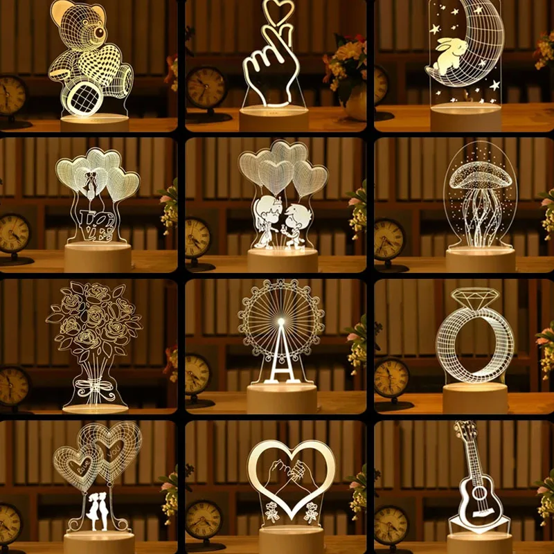 Lámpara de oso creativa 3D, luces LED de noche acrílicas USB, adornos navideños para el hogar, dormitorio, decoración de cumpleaños, regalos de boda