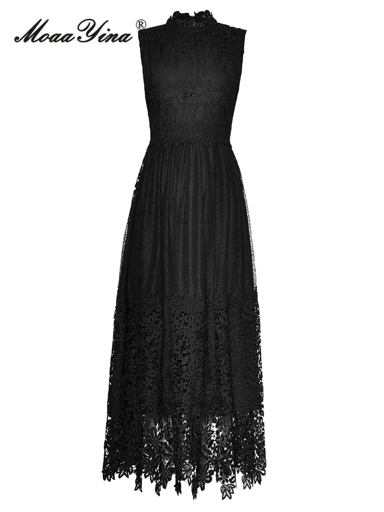 

MoaaYina Fashion Runway Summer Dress Women Sleeveless High Waist Package Hollow Black Vintage Lace Party Long Dress