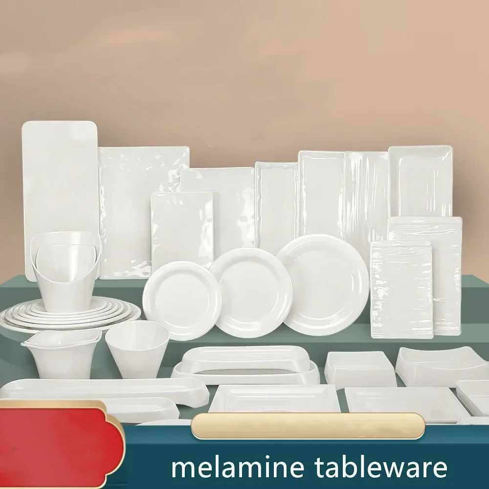White Melamine Plates, Sushi Platter for Hotel Use, Impact-resistant Plastic Dinner Plates, Rectangular Cooking Plate