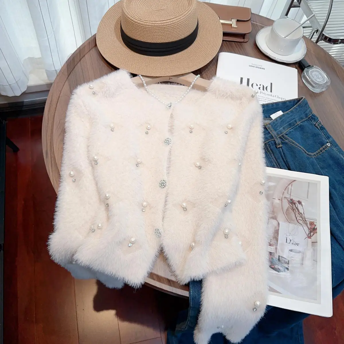 Pink Peals Diamonds Beading Mink Cashmere Sweater Jackets Women\'s Autumn Winter Sweet Long Sleeve Knitted Cropped Cardigan Coat