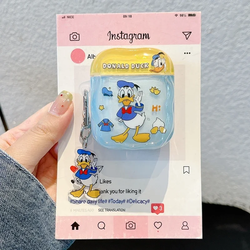 Niedliche Disney Donald Duck Kopfhörerhülle für Airpods 1 2 3 4 Pro 2, kabelloses Bluetooth-Headset, schützende, klare Abdeckung mit Anhänger