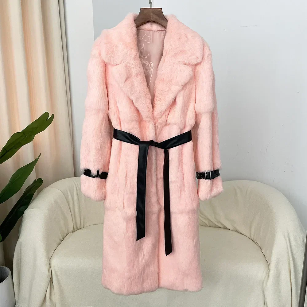 Autumn Winter Over Knee Whole Leather Imported Rabbit Fur Coat Women Fashion Leopard Print Coat Thickened Warm Fur Integrated