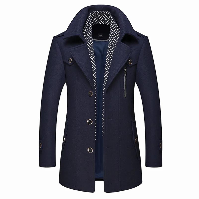 Winter Men Wool Coats New Fashion Male Middle Long Scarf Collar Cotton-Padded Thicken Warm Woolen Coat Man Trench Coat Overcoat