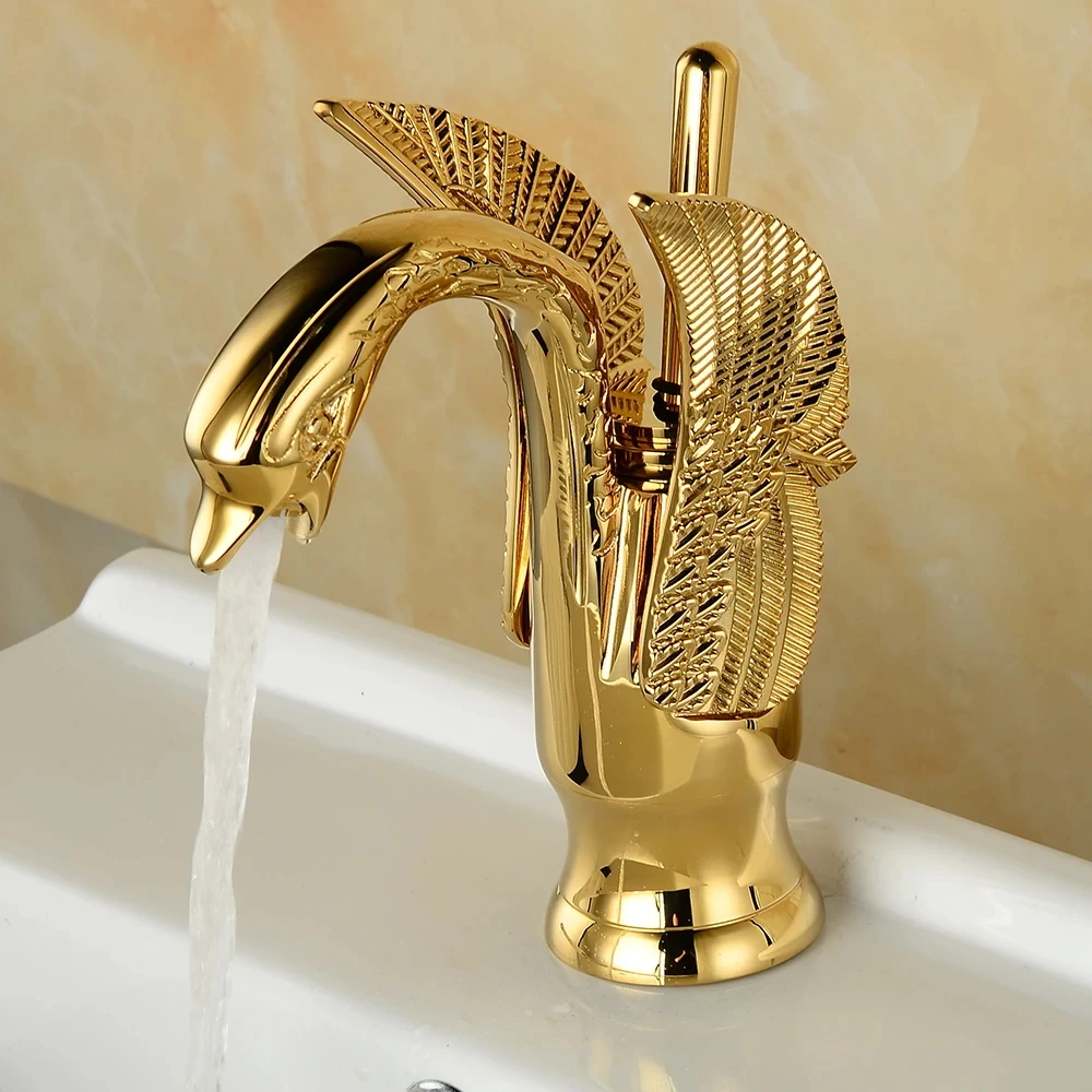 1“ Kris Goldener Wasserfallschwan, heißes und kaltes Wasser, Badezimmer, WC, Waschbecken, kurzer Wasserhahn, Wasserventil aus reinem Kupfer, europäischer Stil, neuer Modus