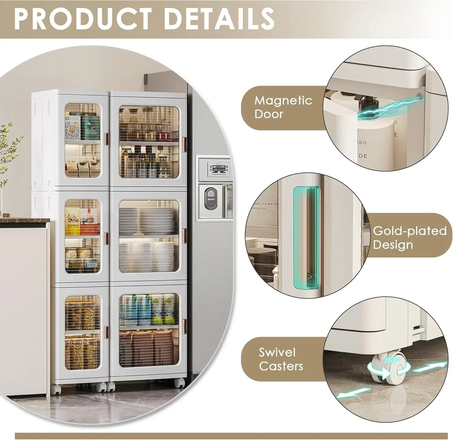 خزانة تخزين بلاستيكية ضيقة طويلة من 4 طبقات مع عجلات متحركة، أرفف قابلة للتعديل، أبواب مغناطيسية، #4