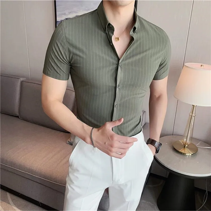 

High Quality Pinstripe Casual Shirts For Men 2024 Summer Slim Fit Business Social Elastic Social Party Shirt Plus Size 4XL-M